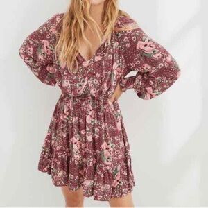 Aerie Floral Ruffle Dress in Pink and Maroon